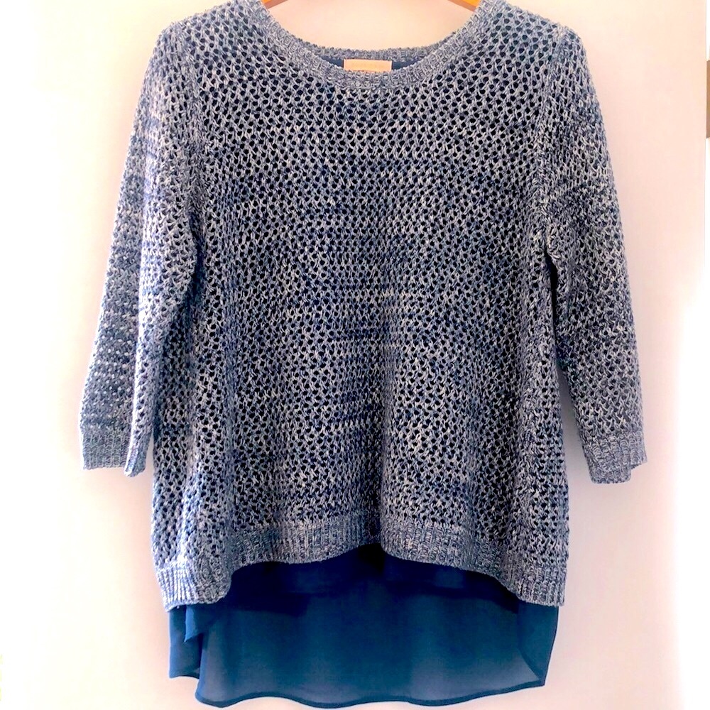 WOMEN'S PLUM TREE HEATHERED BLUE/WHITE SWEATER WITH CHIFFON UNDERLAY
